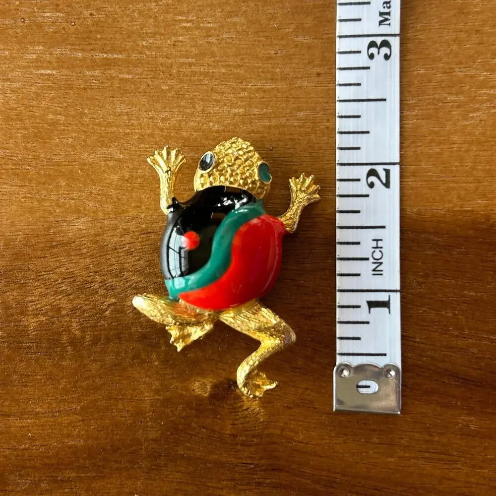 Vintage Enamel Frog Brooch | Gold Tone Multicolor Figural Pin Retro Jewelry